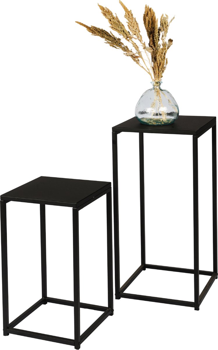 Set van 2 Vierkante Bijzettafels – Minimalistisch Design van Zwart Metaal – Hoogtes 74 cm & 54 cm – Moderne Salontafels / Sidetables voor Woonkamer of Slaapkamer - Mat zwart