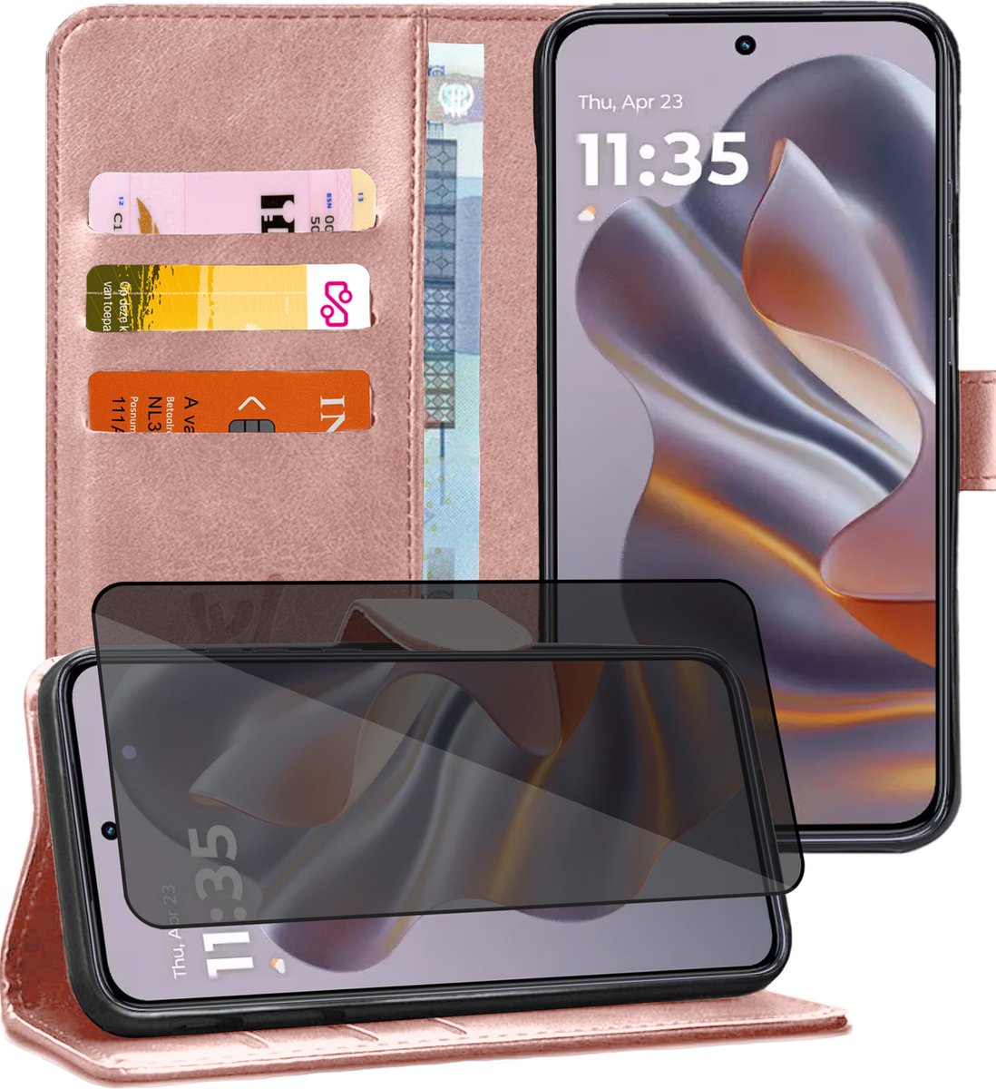 Hoesje geschikt voor Motorola Edge 50 Neo / Edge 60 Neo / Thinkphone 25 - Privacy Screenprotector Volledig Dekkend Glas - Portemonnee Book Case Rosegoud