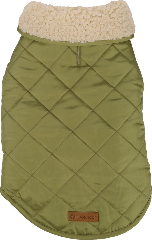 Groene, gewatteerde hondenjas met teddykraag en 'Flamingo' logo op de achterkant.