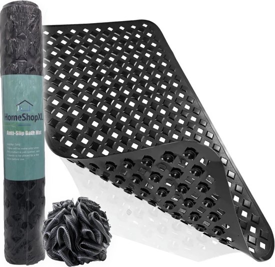 HSXL - Antislipmat - 88x40CM - Incl. Netspons - Antislip Douchemat / Badmat Zwart met Zuignappen – Mat voor in bad – Anti Slip Douche Cabine Mat – Mat voor in de Badkamer - Badkamer accessoires