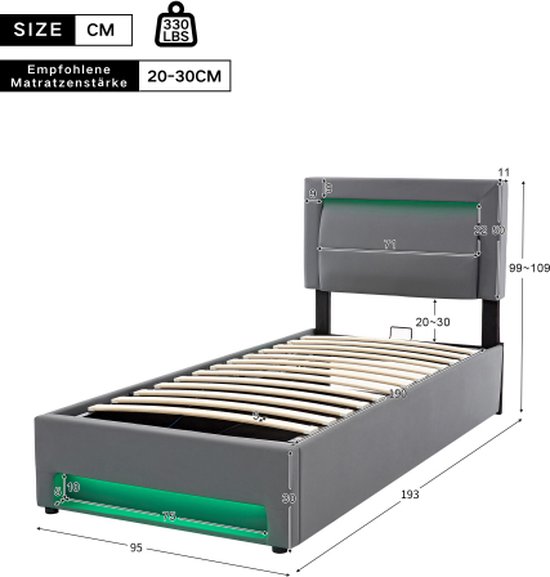 Slaapbank - 90 x 200 cm - met ledverlichting gestoffeerd hoofdbord USB Type-C - linnen - grijs