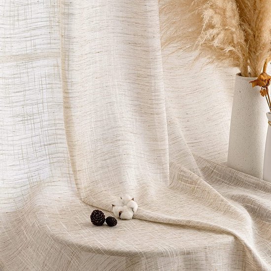 Goodivery ® Rideaux en Lin, Rideaux avec Bande plissée, Blanc, Rideau Aspect Lin, Bande plissée, Salon, Moderne, Voile, système de Rail, Chambre à Coucher, Lot de 2, 140 x 245 cm, Naturel