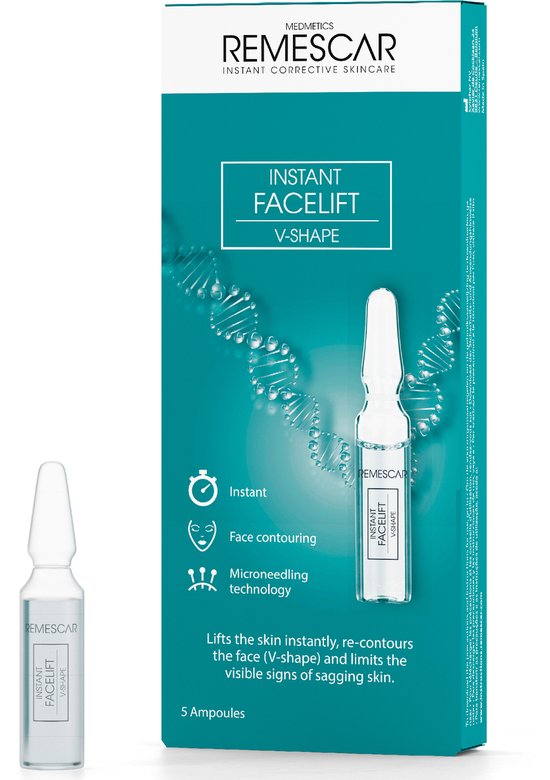 Remescar Instant Facelift V-shape gezicht - Alternatief voor kaaklijn trainer, Microneedling technologie met peptide om de huid te verstevigen, Gezicht contouring en rimpelvermindering met direct resultaat, 5 ampullen