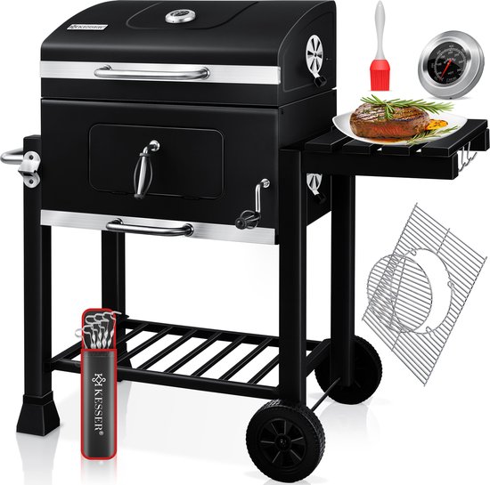 KESSER® Houtskoolbarbecue XL Barbeque Houtskool met Deksel, Wielen, Roestvrij Stalen Handvat, Barbecuerooster en Thermometer, 8 Spiesen met Zakje & siliconen Borstel, grote BBQ Camping Terras Tuin