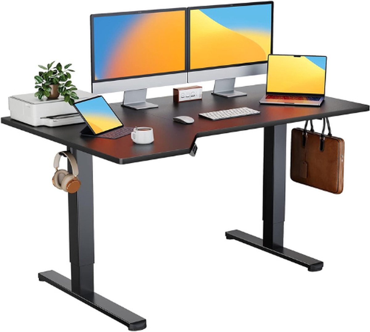 L-Vormig Elektrisch Sta-Bureau - In Hoogte Verstelbaar - 145 X 85 Cm - Zit-Sta Bureau Voor Thuis En Op Kantoor - Werkstation - Hoekcomputerbureau Met Haken - Zwart