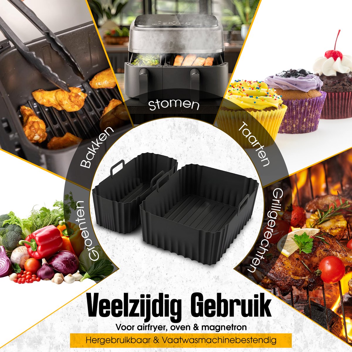 Bewern 2 Stuks Siliconen Bakvormen - 6L en 3L - Geschikt voor Philips Airfryer Dual Basket 3000 Series - Accessoires voor Dubbele Airfryer - Siliconen Bakje — afbeelding 4