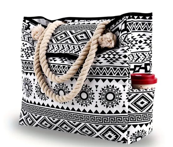 XL strandtas 100% katoen goede kwaliteit stevig dubbeltouw handvat | magnetisch sluiting | waterdicht | zwart/wit patroon 52x15x42 | grote strandtas | zwemtas,strandtas,bigshopper dagelijks gebruik | schoudertas voor dames