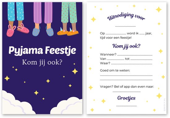 Uitnodiging kinderfeestje slaapfeestje - 10 stuks - Uitnodiging verjaardag - Inclusief enveloppen - Uitnodiging slaapfeestje - Pyjamafeestje Sleepover