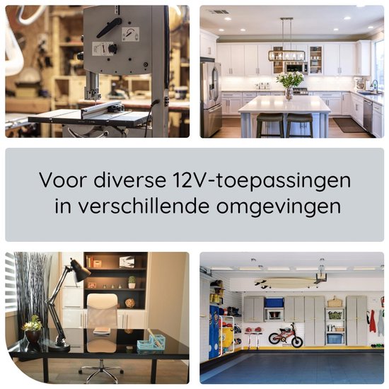 Foto's van een werkplaats, keuken, kantoor en garage; voor diverse 12V-toepassingen.