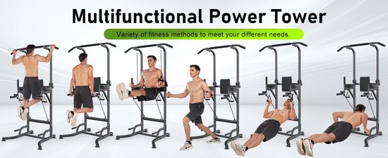 Power Tower Dip Station 10-niveaus in hoogte verstelbare optrekstangstandaard 170,18-210,06 cm, multifunctionele krachttrainingsapparatuur met 4 zuignaphoezen, optrekstang dipstation | NL