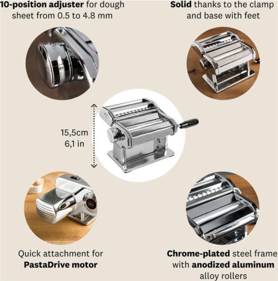 Zelfgemaakte pastamachine voor lasagne, fettuccine en tagliolini - Verchroomd staal, 150 mm breed van Marcato — afbeelding 3