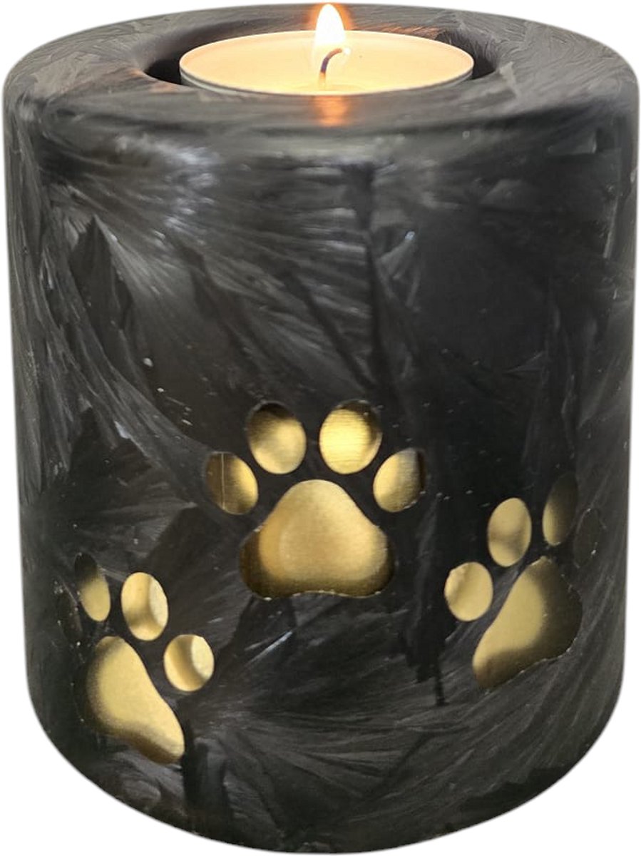 Terroso - Mini urn huisdier - Glazen urn met kaars - Pootafdruk - Voor hond, kat of ander huisdier - Zwart - 160 ml - Handgemaakte dierenurn