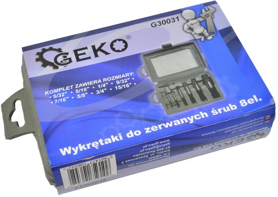Verpakking van een 8-delige schroefverwijderaarset met GEKO-logo en maten.