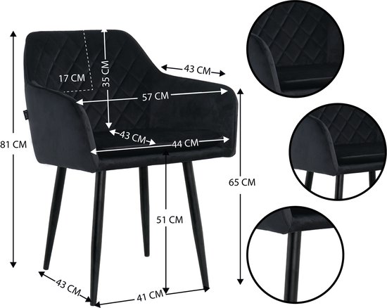 Chaises de salle à manger Lina® Noble - Zwart - Set de 4 - Velours