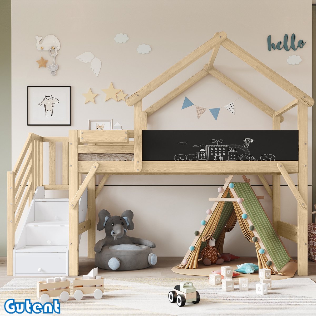 Gutent Kinderstapelbed - met relingen - Dakdesign - Tekenbord - Trapkast - Den + MDF + Multiplex - Wit + Naturel, 90x200cm - Geen matras - Geen decoratie onder het bed