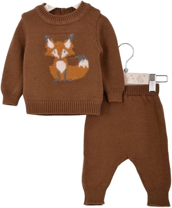 Minora Newborn Baby Kleding Set - Jongens en Meisjes - Winterbroek en trui- Kraamcadeau - Babyshower-Newborn tweedelige gestreepte set met vos -Bruin-9/12 Maanden