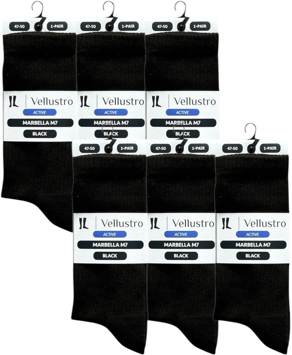 Vellustro® Marbella M7 Tennissokken - 6 Paar - Padel sokken - Sportsokken - Hardloopsokken - Maat 47-50 - Zwart - Naadloos - Heren Sportsokken - Meerdere Maten en Kleuren