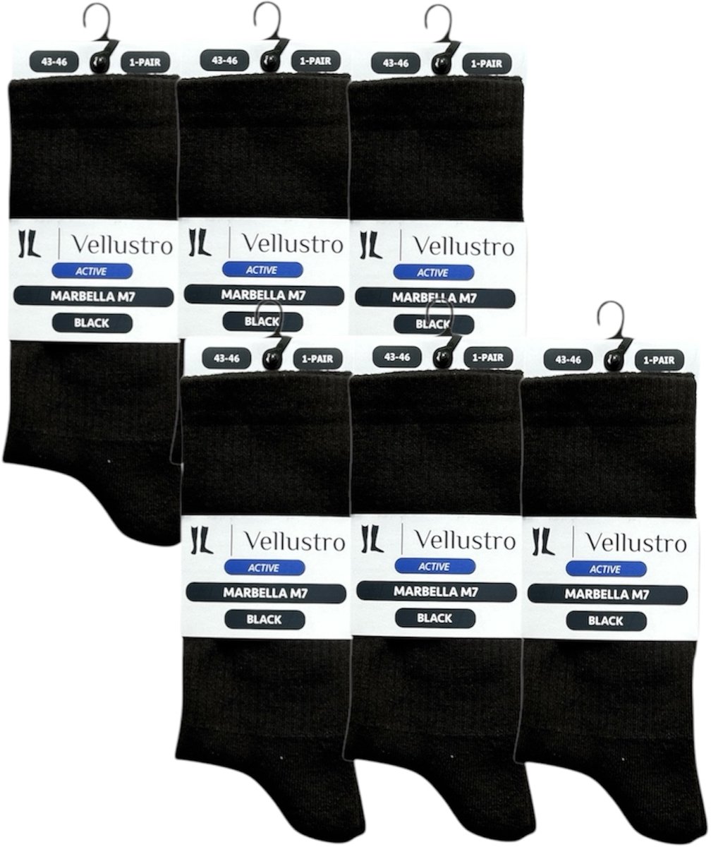 Vellustro® Marbella M7 Tennissokken - 6 Paar - Padel sokken - Sportsokken - Hardloopsokken - Maat 43-46 - Zwart - Naadloos - Heren Sportsokken - Meerdere Maten en Kleuren