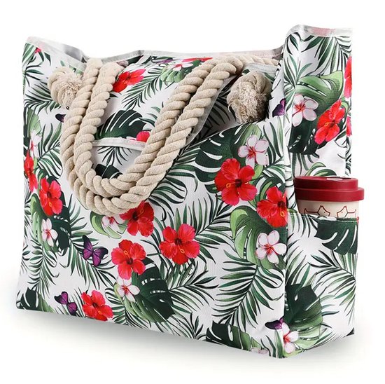 Ultiluxe® Grote strandtas bloemen - Groen/rood - XXL schoudertas voor volwassenen - 52 x 38 x 15 - Handtas met magnetische sluiting - Zijvakken - Waterdicht - Veel vakken - Zwemtas, shopper, weekendtas - Grote capaciteit