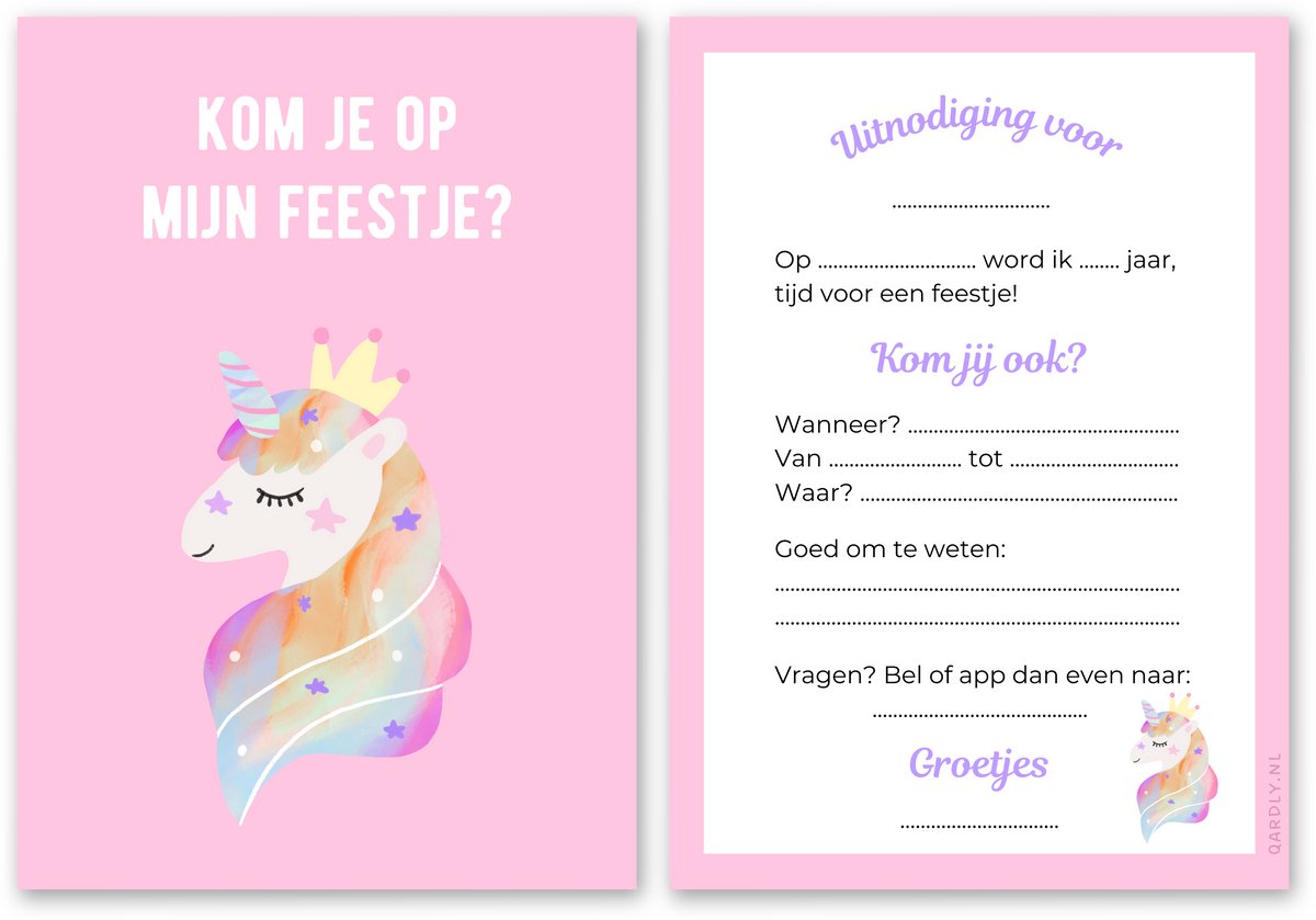 Uitnodiging kinderfeestje unicorn - 10 stuks - Uitnodiging verjaardag - Inclusief enveloppen - Uitnodiging eenhoorn feestje