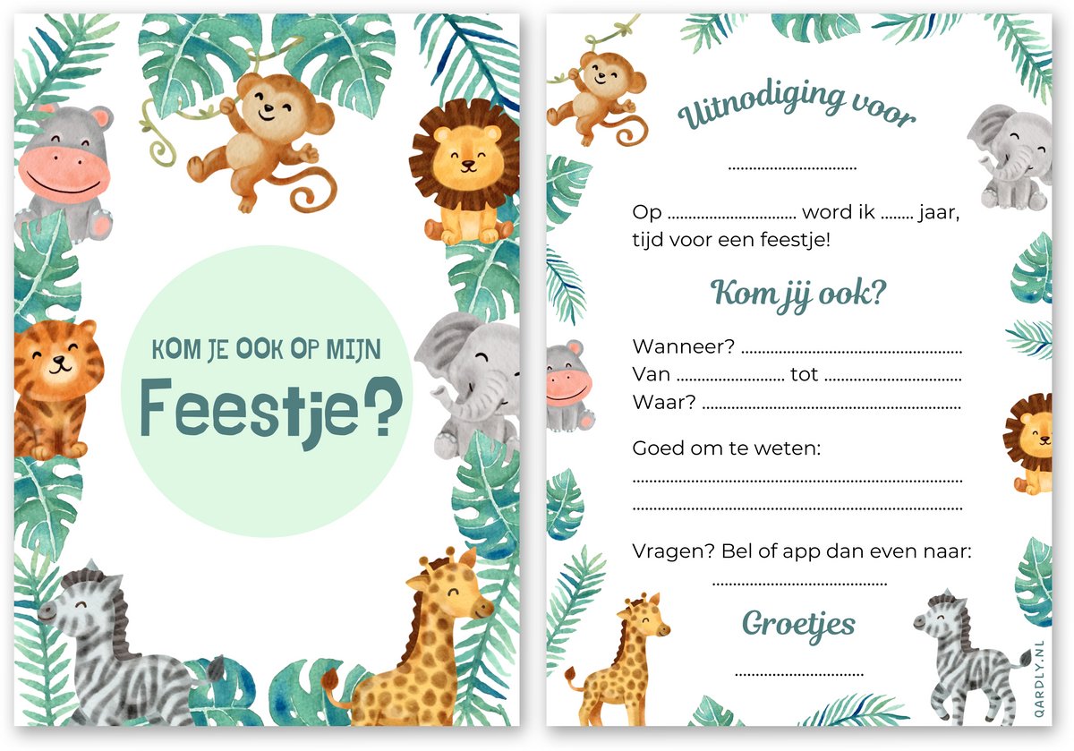 Uitnodiging kinderfeestje jungle - 10 stuks - Uitnodiging verjaardag - Inclusief enveloppen - Uitnodiging jungle dieren