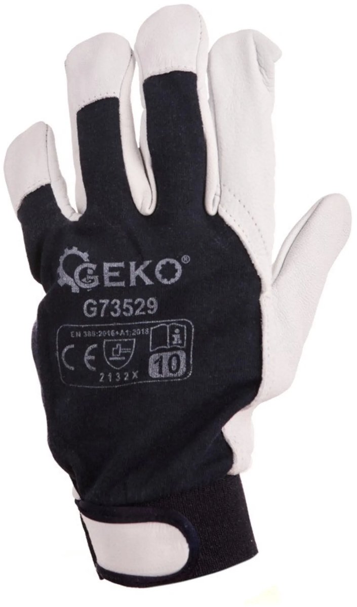 GEKO Leren werkhandschoenen - klittenband sluiting - Maat 10 - Blauw en wit - EN388 bescherming - 12 stuks