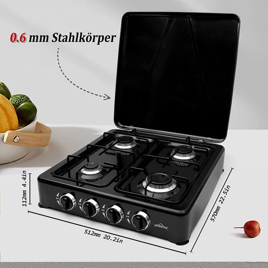 IBBO® - Gas kooktoestel 4 pits - Campingkooktoestel - Gaskookplaat - incl. 1.5 m Gasslang en drukregelaar - drukregelaar 50 mbar - Zwart van IBBO — afbeelding 4