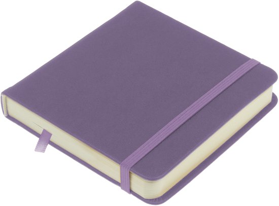 Paars schetsboek, 12x12cm, met een elastische band en lintmarker.
