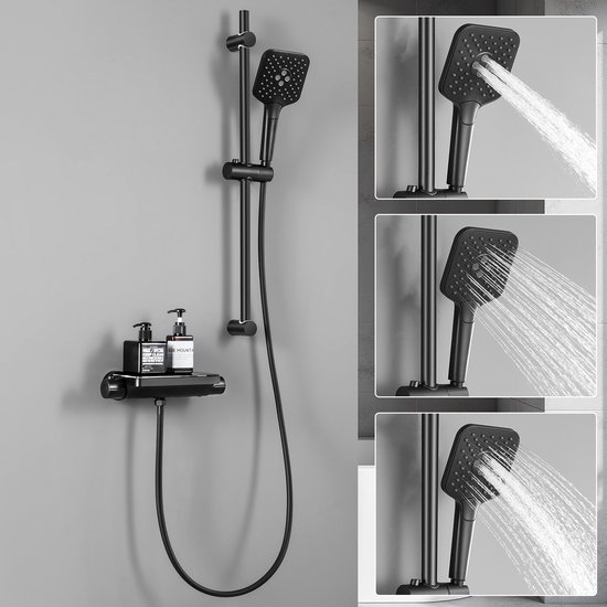 Lonheo max Doucheset Zwart - Thermostatische Douchekraan - Handdouche met 3 Functie - Regendouche Zwart