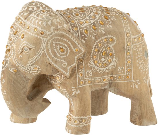 Houten olifant decoratie met witte en gouden versieringen, parels en traditionele patronen.