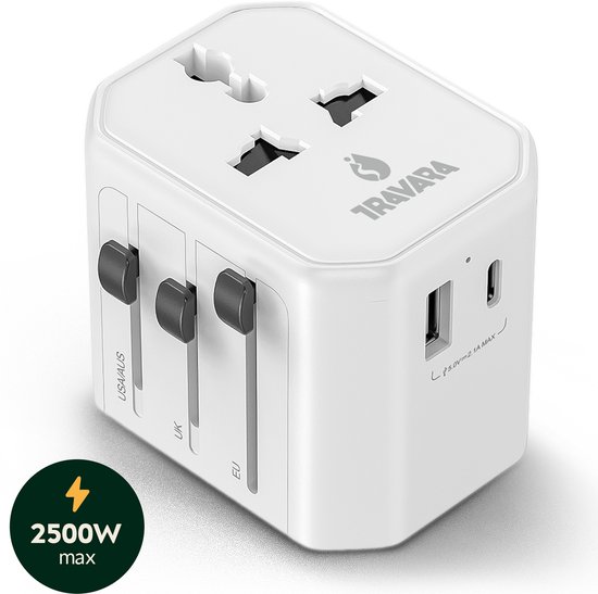 TRAVARA Reisstekker - 2500W – Wereldstekker Universeel - 170+ Landen – Reisstekker Engeland (UK), Amerika (USA), Afrika, Italië, Japan, Thailand – Wereldstekkers – Met USB-C en USB