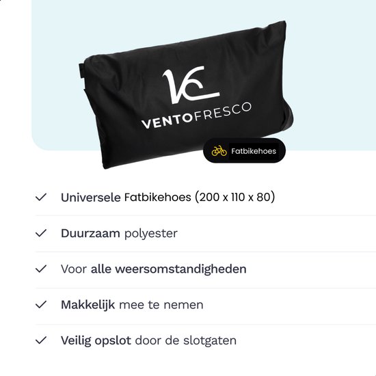 Vento Fresco Waterdichte Fatbike hoes - Voor 1 Fatbike Met Opbergzak - Bescherming Fatbike XL - Universele En Stijlvolle Zwarte Fatbikhoes - 200x110x80 cm — afbeelding 2