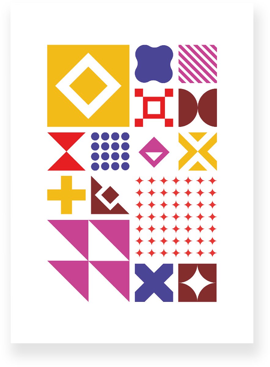 Poster 50x70 cm - Grote Geometrische Vormen - Geel - Paars - Rood - Abstract - Vintage - Muurdecoratie - Wanddecoratie