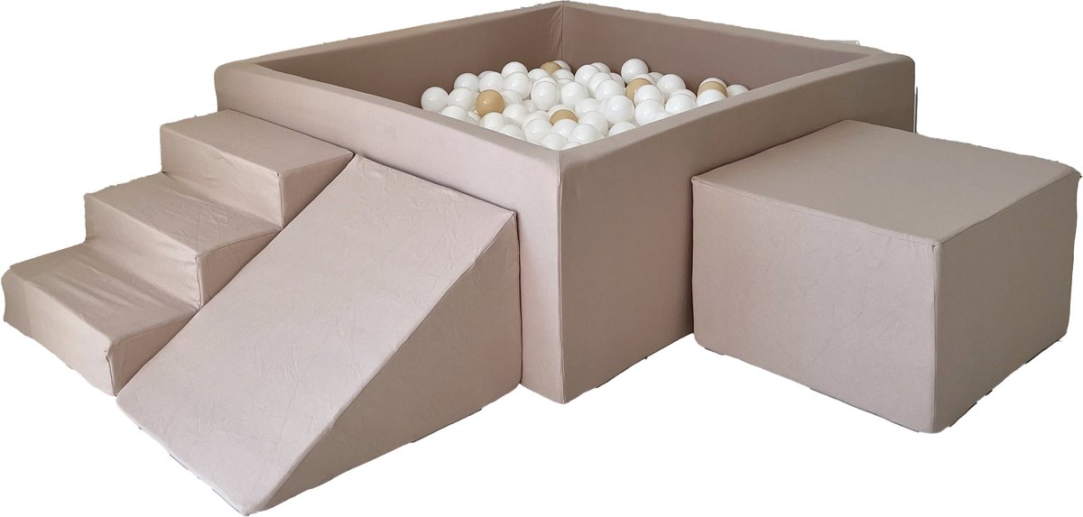 Ballenbad - Ballenbak - Moje - Katoen Beige - Vierkant Met 3 Speel Elementen Met 400 Witte Ballen
