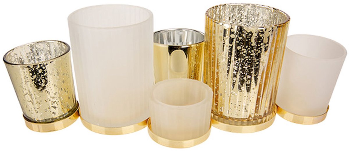 Theelichtouder goud / wit. Set van 6 glaasjes en houder, 30cm