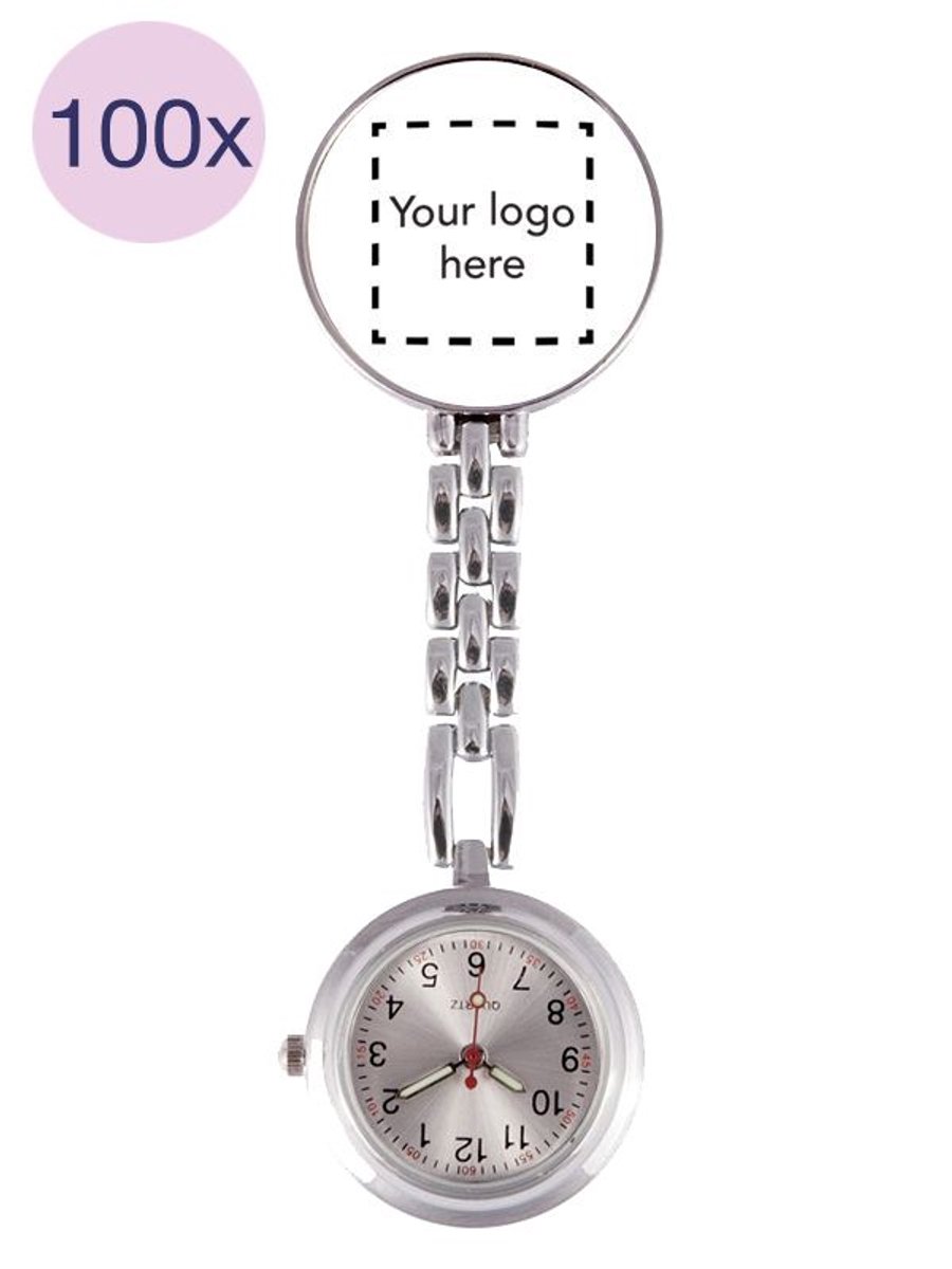 100x Stuks Gepersonaliseerd Verpleegstershorloge Met Logo - Quartz uurwerk - Glow in the Dark Wijzers - Zorgpersoneel - Ziekenhuis - Verpleegster Accessoires - Zusterhorloge met Logo