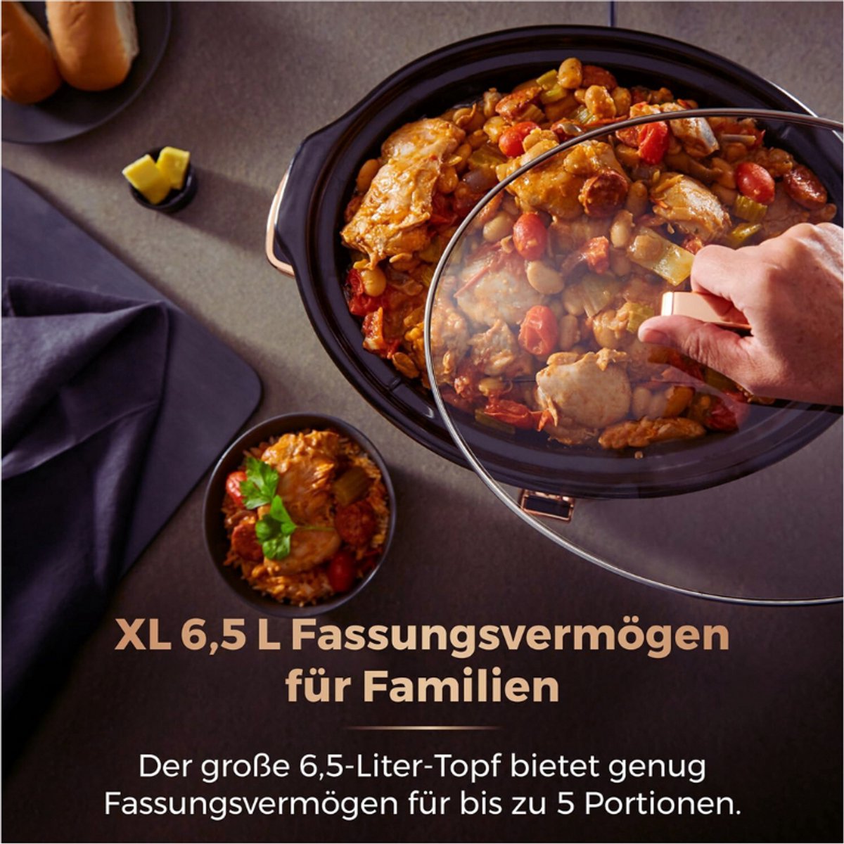 Infinity Slowcooker - 6.5L - 270W - 3 Kookstanden - Warmhoudfunctie - Zwart En Roségoud - Huishoudelijke Apparaten – foto 5
