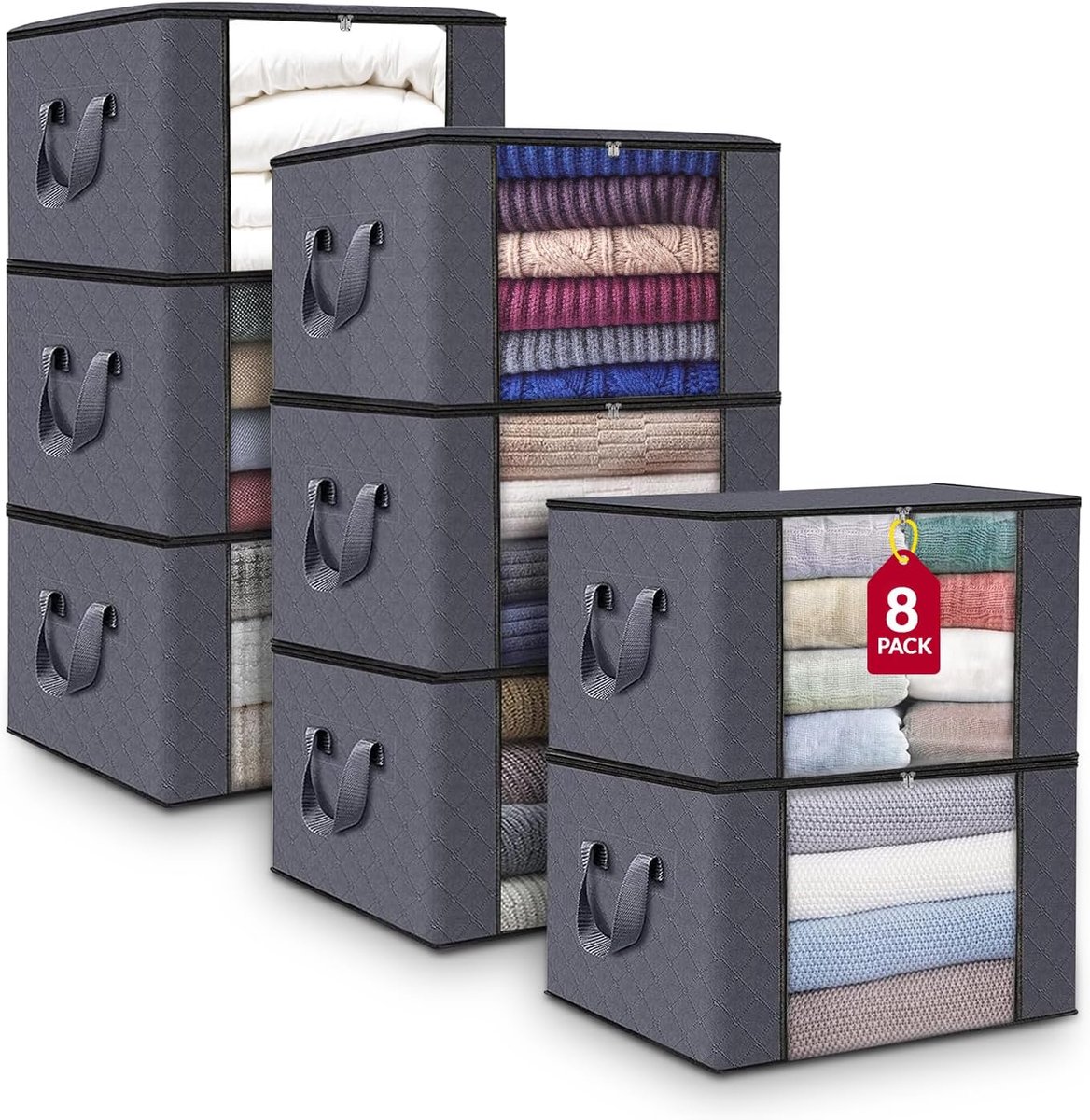 Opbergtas en Organiser - 8 stuks - Grijs - Opbergboxen voor Dekbed en Kleding - Opbergzak met handgrepen en rits - 60 x 45 x 30 CM - 90 L - Opberghoes met Doorkijkvenster - Opbergen voor Beddengoed - Opvouwbaar - Hoogwaardig en duurzaam