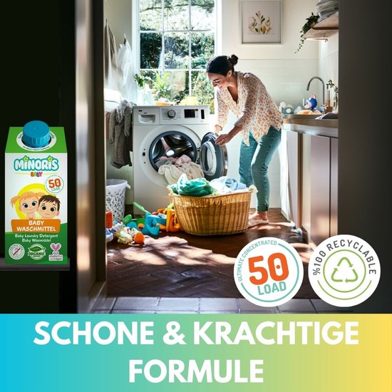 Minoris Baby Wasmiddel, 50 Wasbeurten, 1L – Hypoallergeen, Biologisch, Vegan, Dierproefvrij, Zacht voor Gevoelige Huid, Biologisch Afbreekbare Formule, Geconcentreerde Natuurlijke Babytextielreiniger