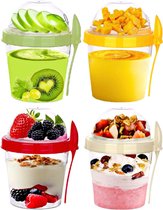 Yoghurt Cup Lepel 500ML - Herbruikbare Ontbijt Potten - Muesli Cup Met Deksel - Granen Snack Overnight Haver - Vaatwasser Veilig Lunchbox - Havermout Potten - Reizen Maaltijd Voedsel Container (Set van 4: Rood, Crème, Groen, Geel)