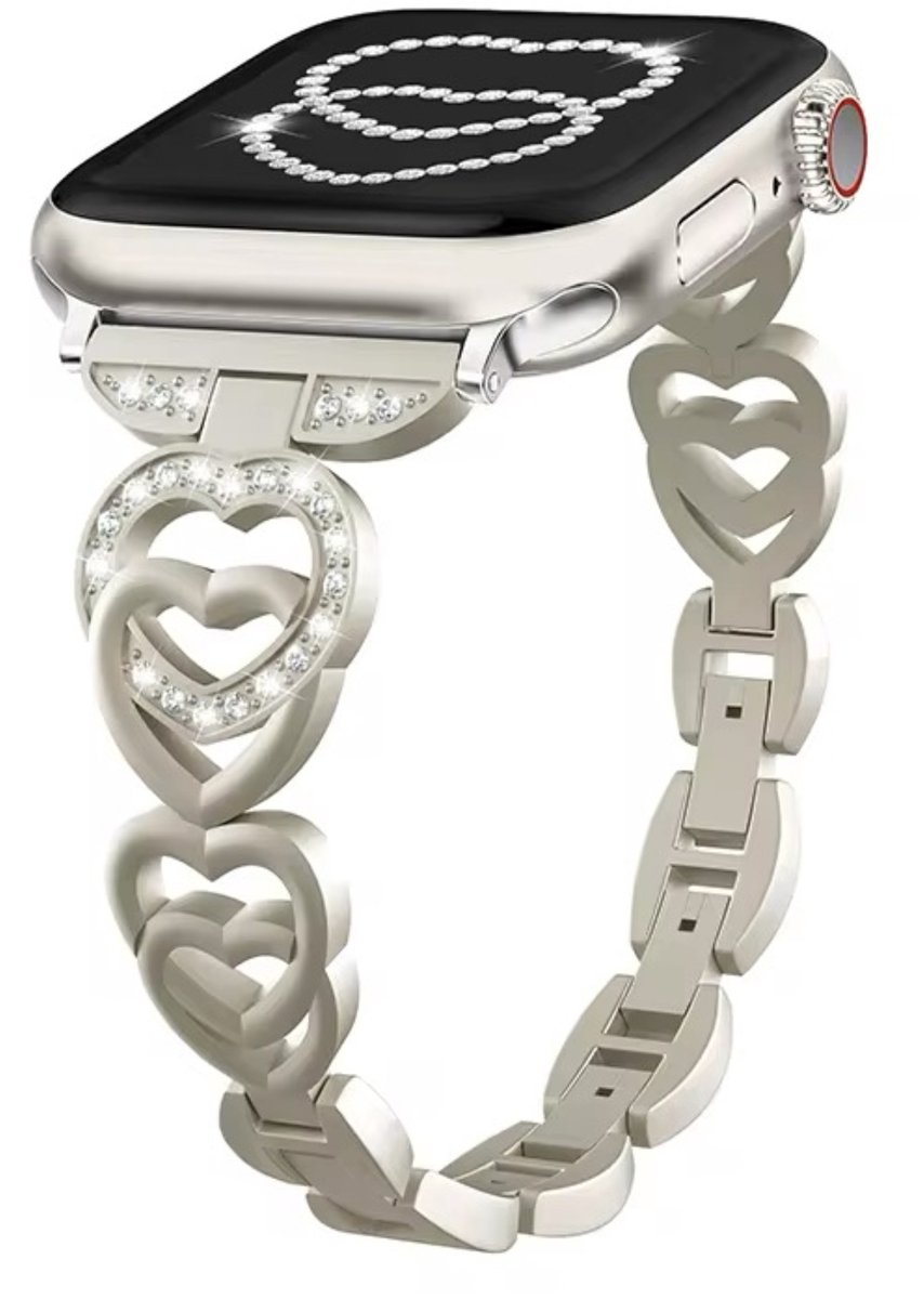 MY PROTECT - Luxe Metalen Heart Bandje - Geschikt Voor Apple Watch Bandje - Series 1/2/3/4/5/6/7/8/9/10/SE - 38mm - 40mm - 41mm - 42mm - Starlight