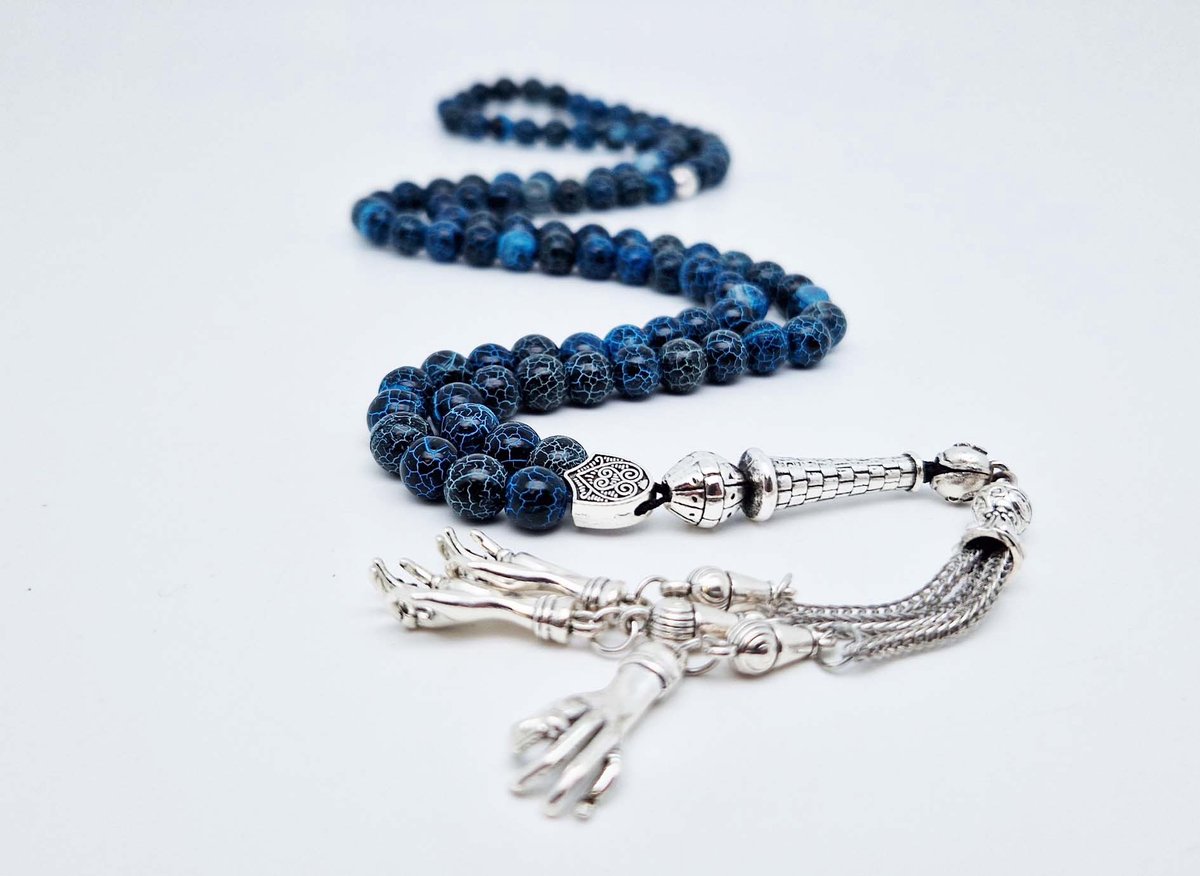 Handgemaakte tesbih "Tasbih" natuursteen " Blauwe harmonie" - Aantal kralen 99 - Diameter kralen 8MM - met metaal tassel "Palm" - Een mooi cadeau-idee