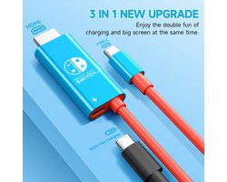 JINGDU USB type C naar HDMI-kabel voor Nintendo Switch/OLED, 3-in-1 High Speed 4K USB-C naar HDMI, ondersteunt TV/Steam Deck/laptop/pc, 2 m, rood en blauw