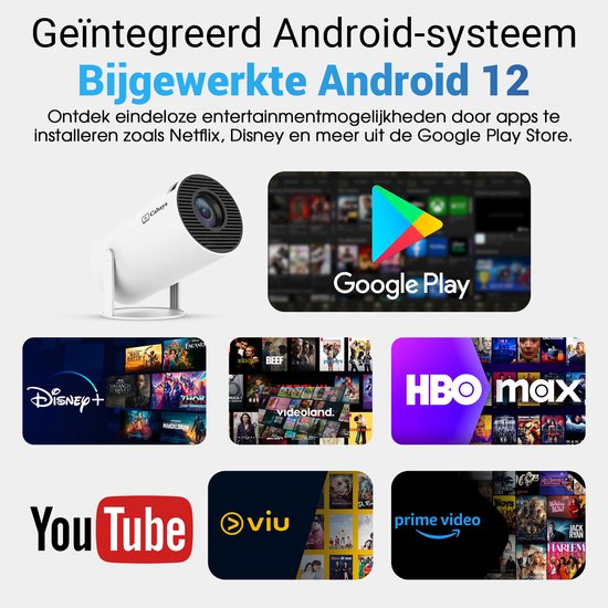 Cahaya 2026 vernieuwd model + Gratis HDMI kabel- Pro versie - Mini Beamer - mini projector - draagbare beamer - projector / beamer - Geïntegreerd Android 12.0 systeem - Screen mirroring smartphone - Home cinema