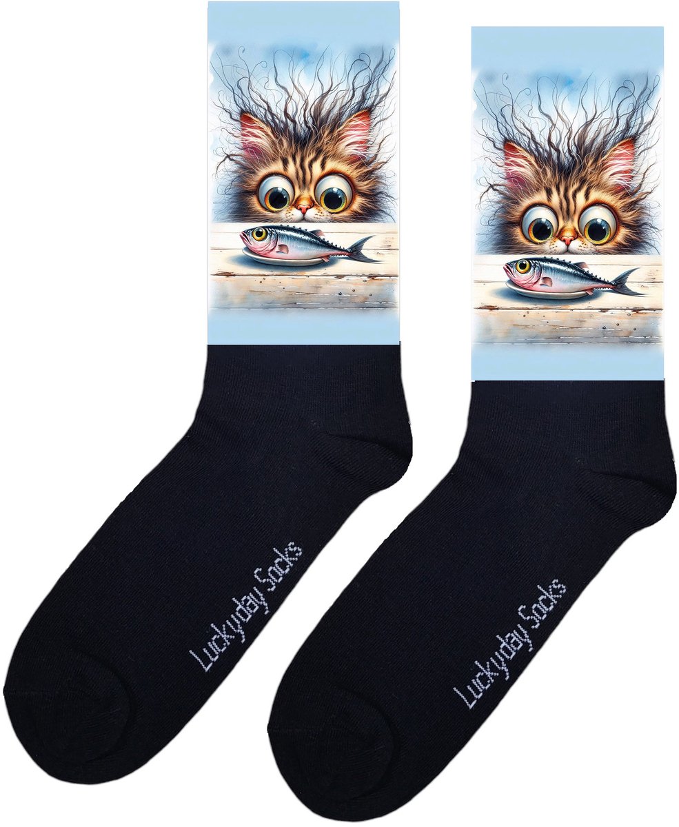 Poes - Opkikker - Grappige sokken - Valentijns cadeau - Verjaardag cadeau - Sint cadeau - Leuke sokken - Aparte sokken - Vrolijke sokken - Cadeautje - Grappige cadeau - Kerstsokken - Vaderdag - Moederdag - Kattenvoer - Vis - Socks maken Happy - 37-44