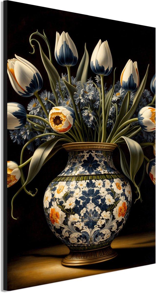 Wanddecoratie Metaal - Aluminium Schilderij Koninklijke tulpenpracht vase - 60 x 40 cm - Vaas - Muurdecoratie woonkamer en slaapkamer - Inclusief ophangsysteem - Klassiek - Modern - Displate alternatief