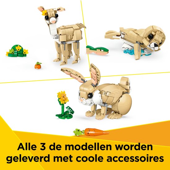 Lapin LEGO, cerf et phoque avec accessoires, fond jaune.