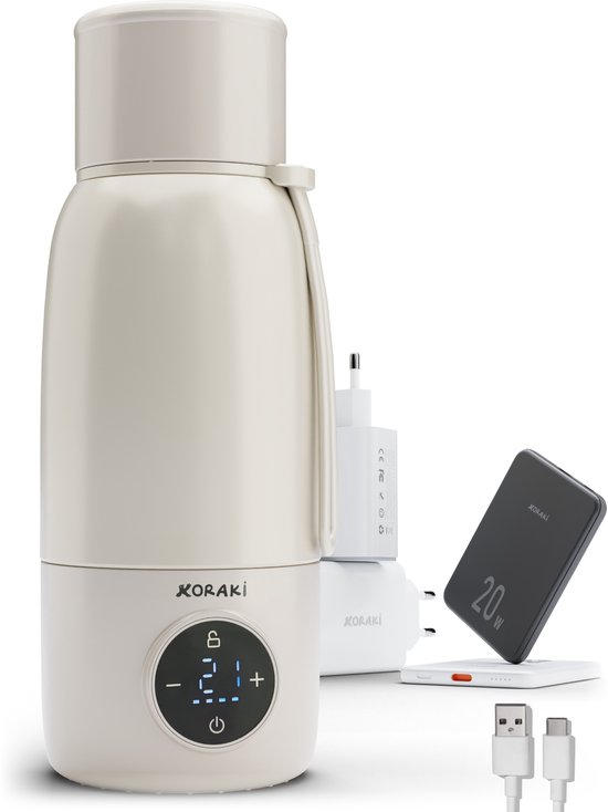 Koraki® Thermosfles Flessenwarmer – Draadloze Flesverwarmer – 20uur Melk Warm Houden – Incl Powerbank