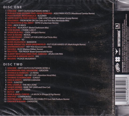 Achterkant van de albumhoes met tracklists voor DISCO ONE en DISCO TWO. Tekst: DIRTYDUTCHMUSIC.