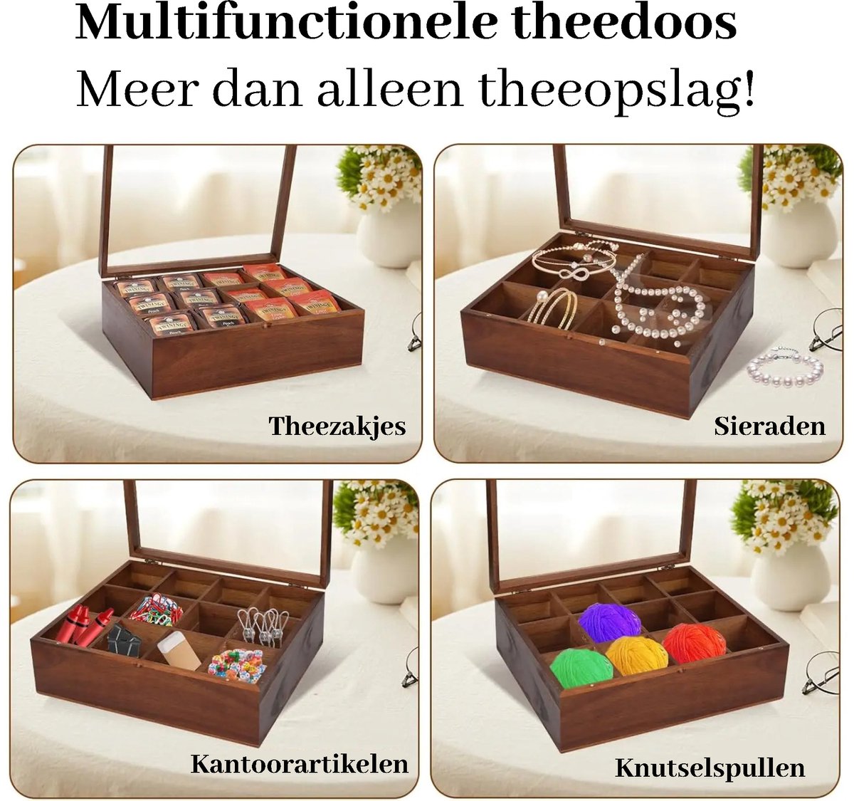 LifeLux Luxe Acaciahouten Theebox – 12 Vakken | Duurzame Houten Theedoos met Transparante Bovenkant | Stijlvolle Opbergdoos voor Theezakjes — cadeau in Wonen & Interieur - foto 7